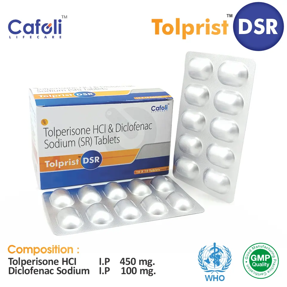 Tolperisone 450mg + Diclofenac 100mg Tablet at best price in PCD Pharma Franchise for Pain and Inflammation Relief.